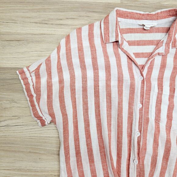 Beach Lunch Lounge Womens White Pink Stripe Button Down Linen Shirt Size XS Knot - Picture 3 of 7